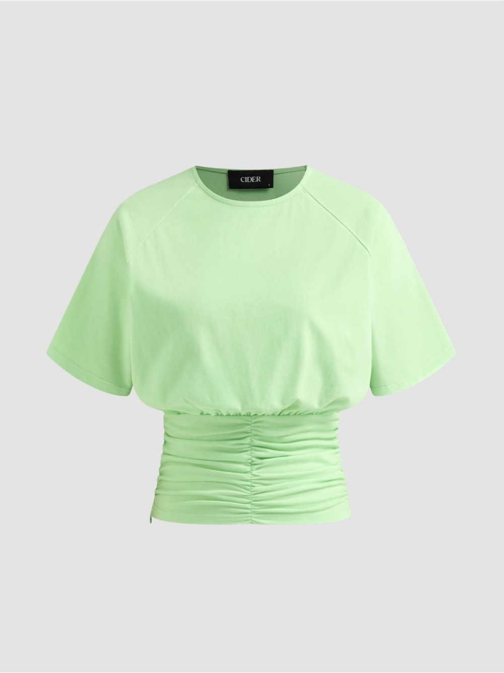 Cider Cotton-blend Round Neck Solid Ruched Short Sleeve Tee lime green
